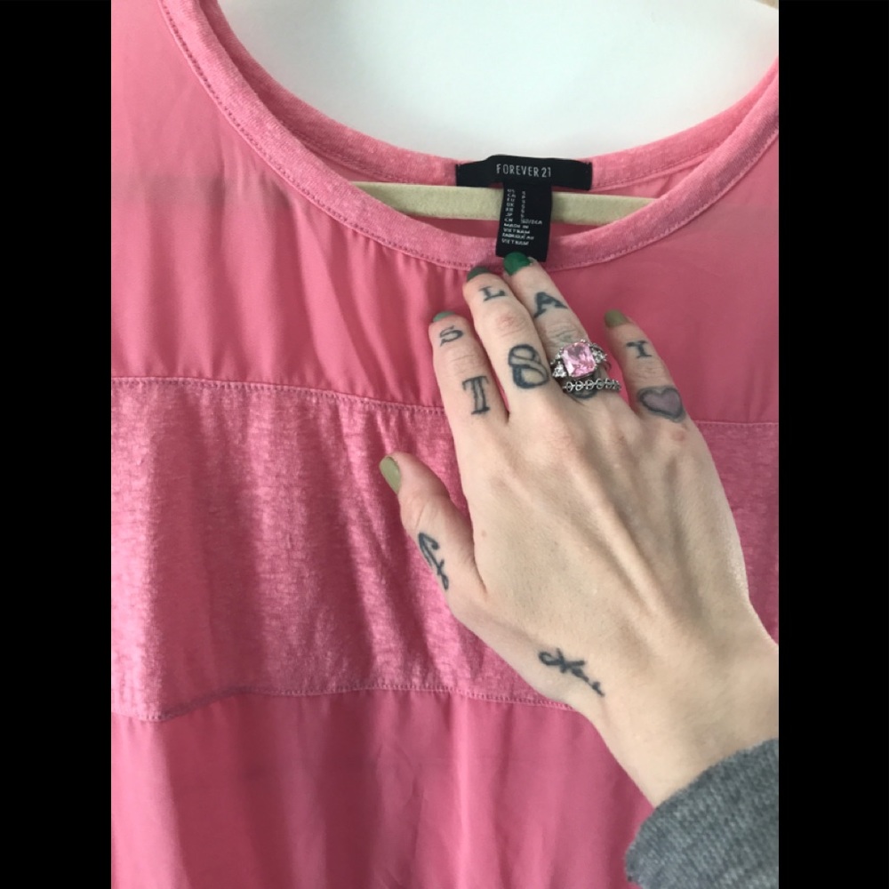 Forever 21 Barbie Pink Sheer/Solid Panel Short Sleeve Tee - Picture 12 of 15